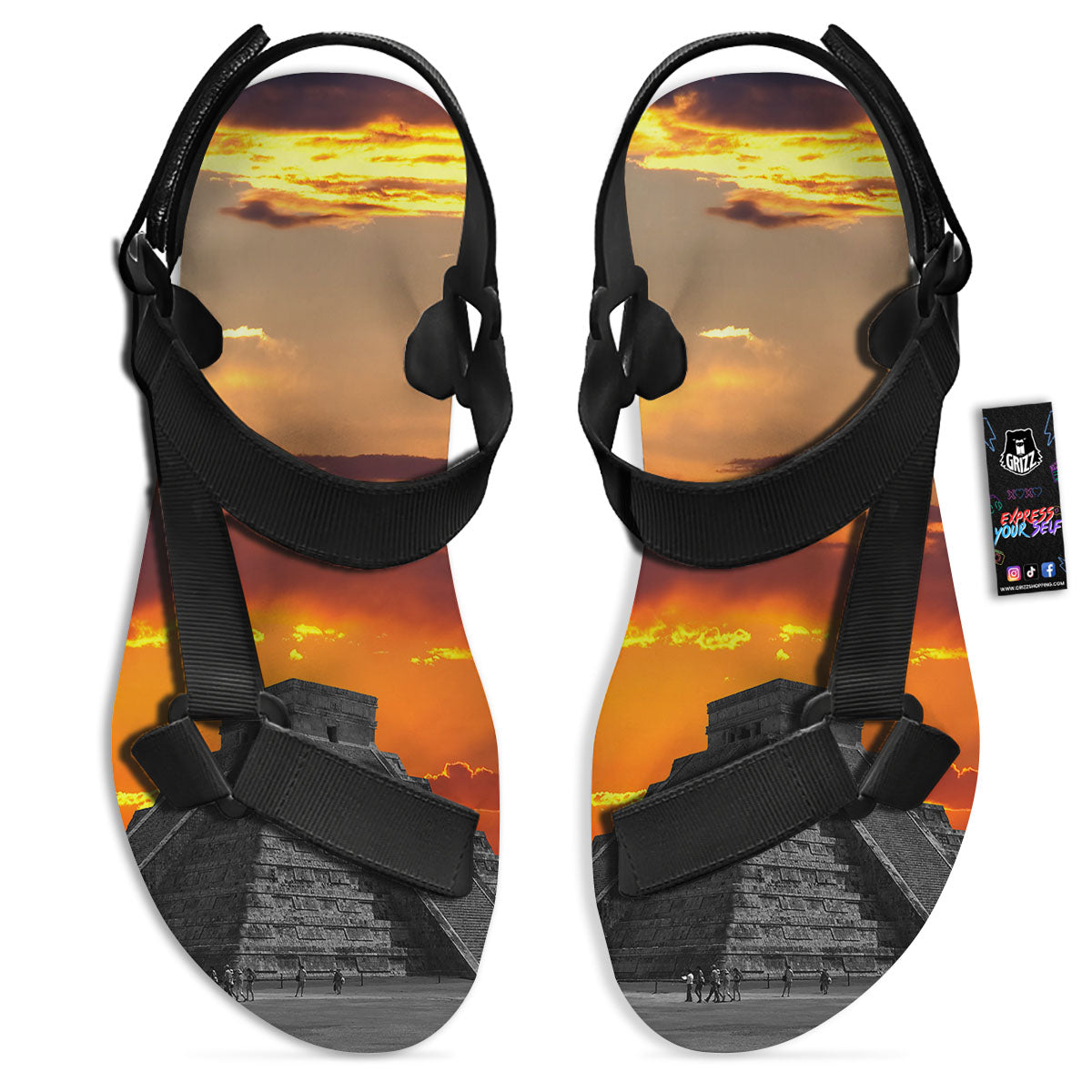 Civilization Mayan Print Black Open Toe Sandals-grizzshop