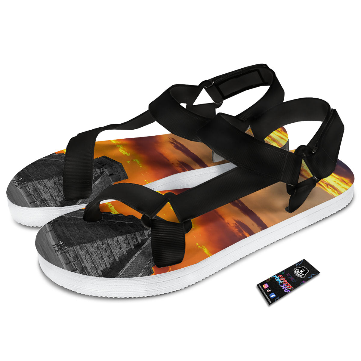 Civilization Mayan Print Black Open Toe Sandals-grizzshop