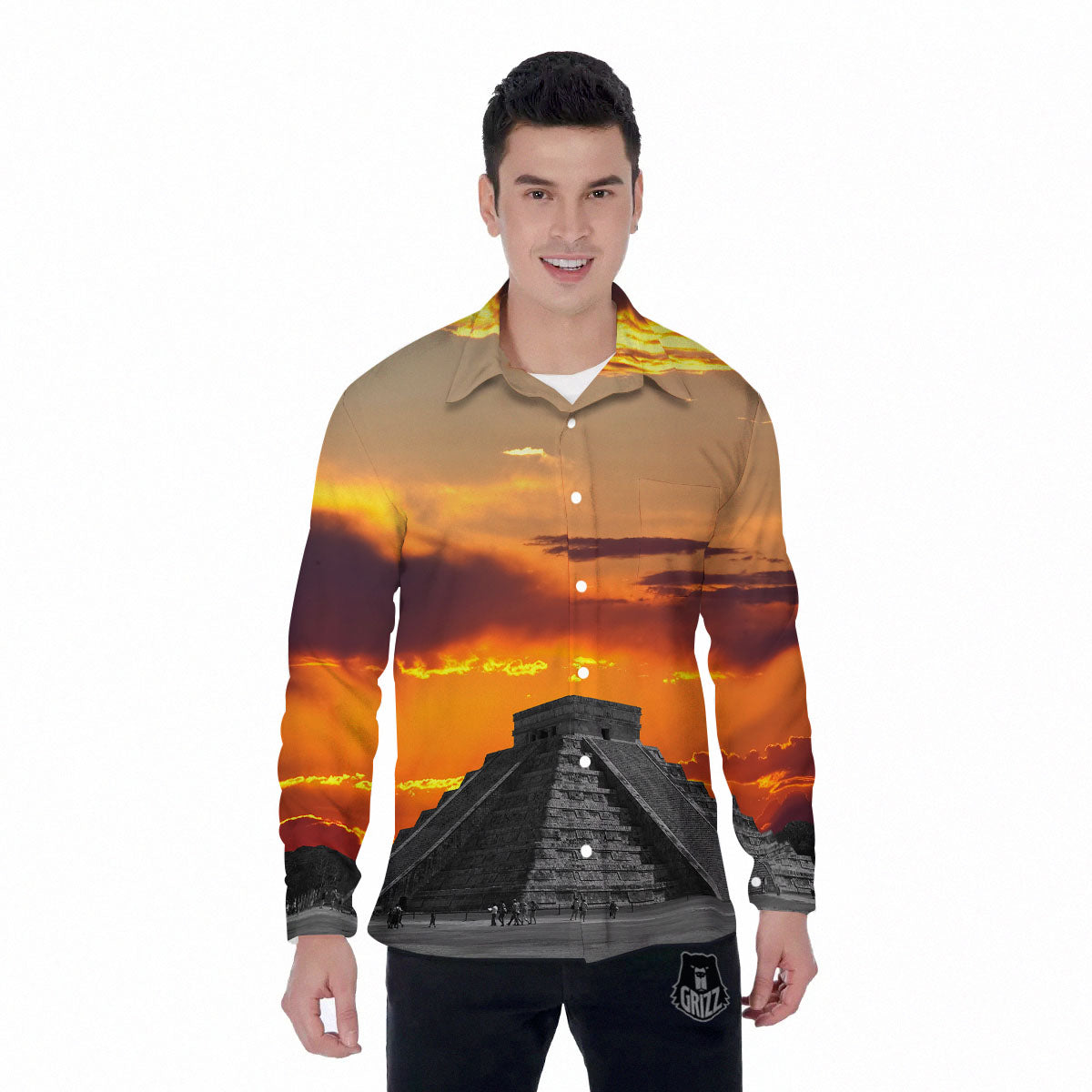 Civilization Mayan Print Men's Long Sleeve Shirts-grizzshop