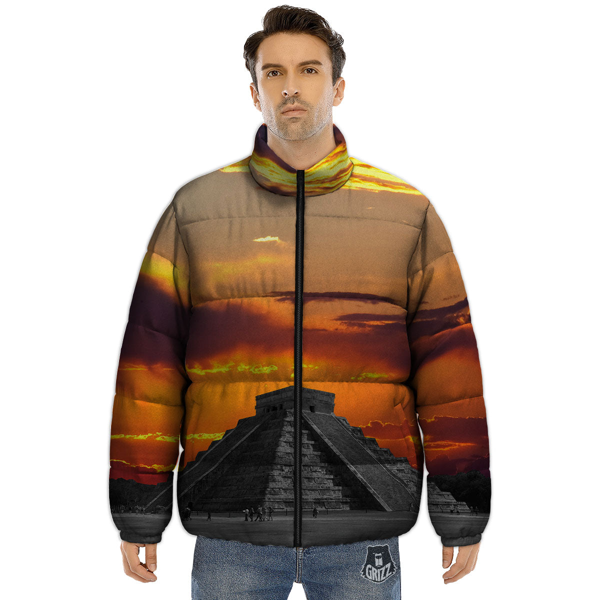Civilization Mayan Print Puffer Jacket-grizzshop