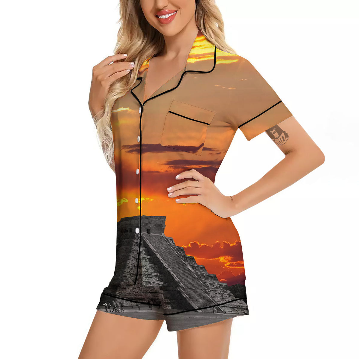 Civilization Mayan Print Women Silk Pajamas-grizzshop
