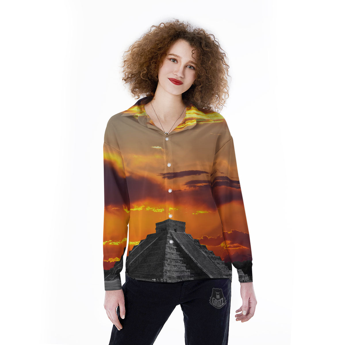 Civilization Mayan Print Women's Long Sleeve Shirts-grizzshop