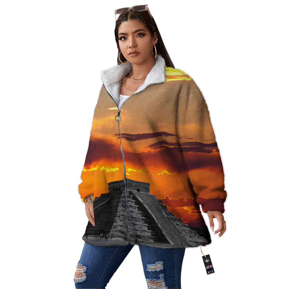 Civilization Mayan Print Women's Sherpa Jacket-grizzshop