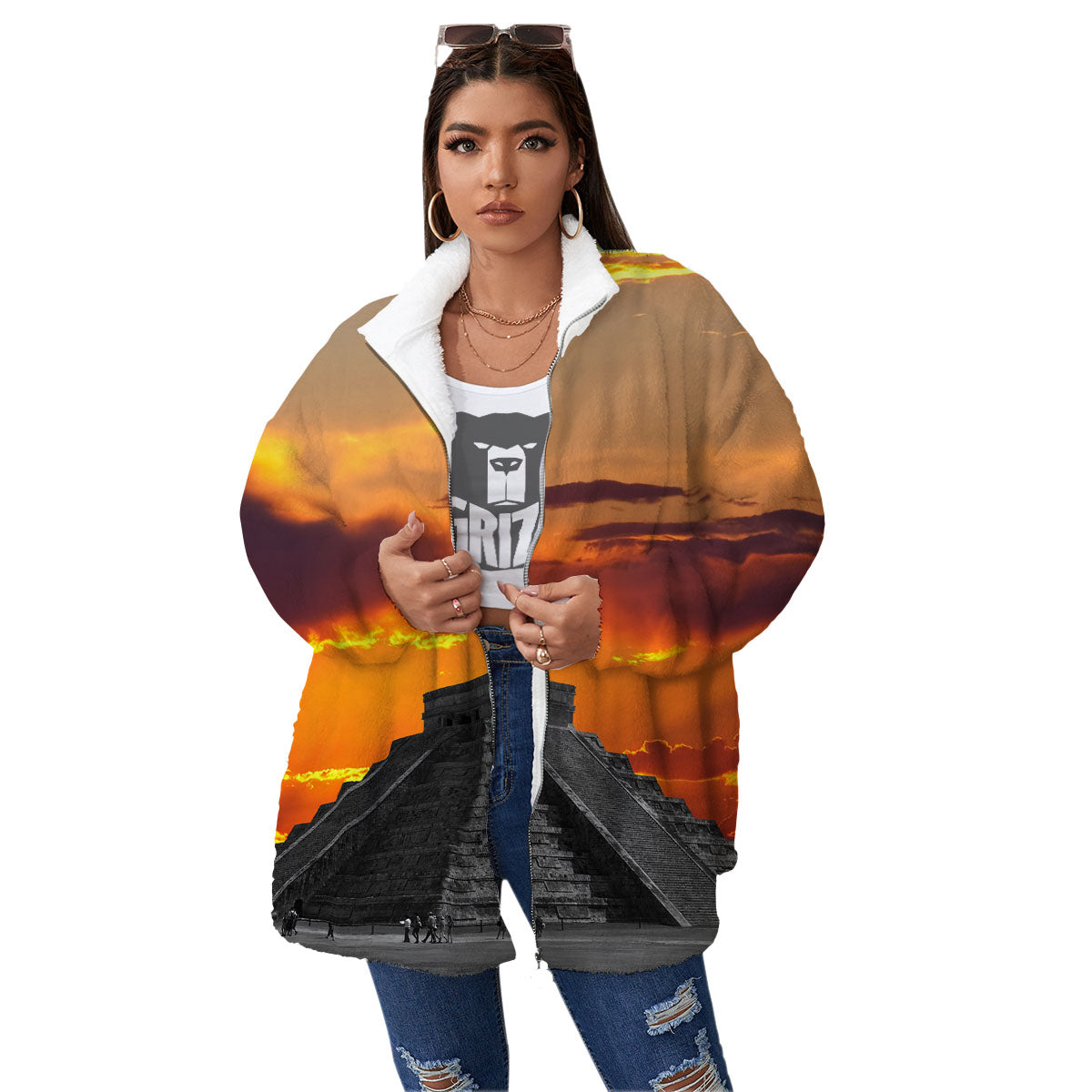 Civilization Mayan Print Women's Sherpa Jacket-grizzshop