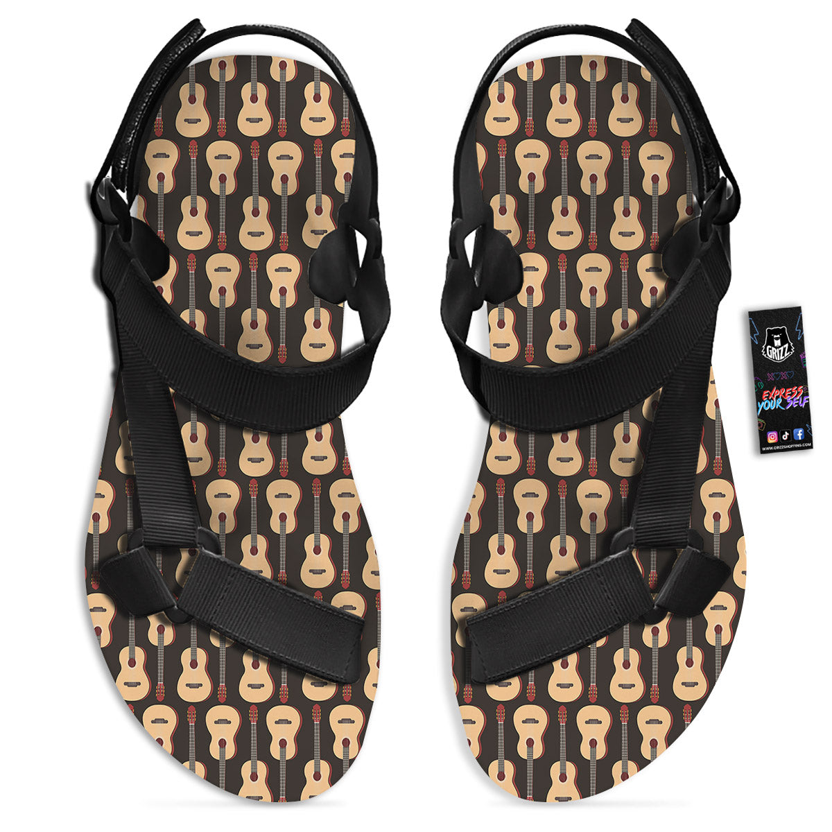 Classic Guitar Print Pattern Black Open Toe Sandals-grizzshop