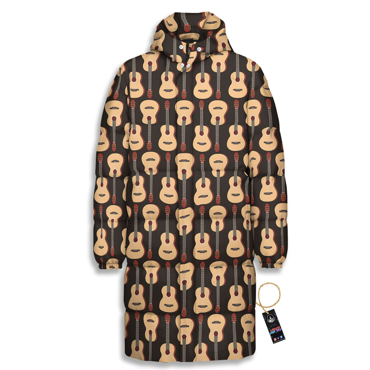 Classic Guitar Print Pattern Long Down Jacket-grizzshop