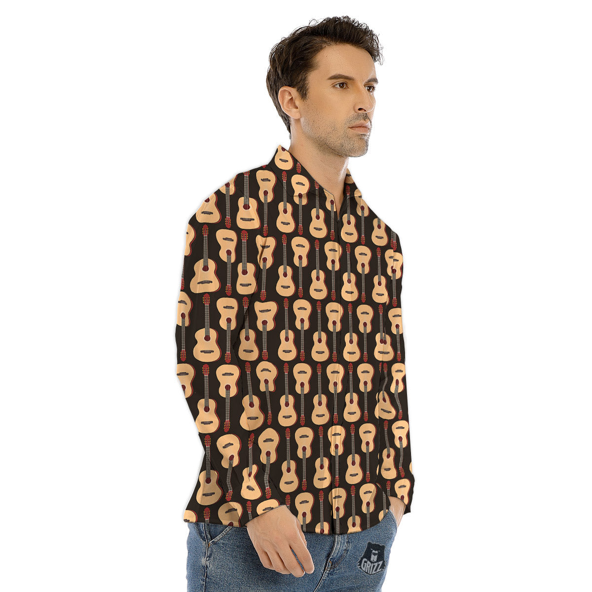 Classic Guitar Print Pattern Men's Dress Shirts-grizzshop