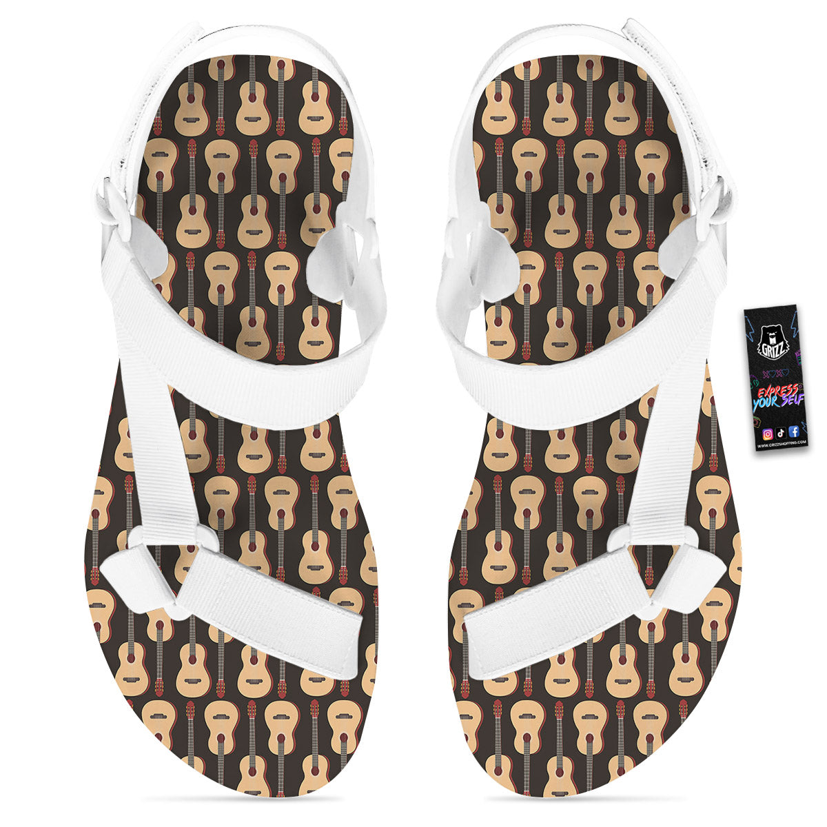 Classic Guitar Print Pattern White Open Toe Sandals-grizzshop