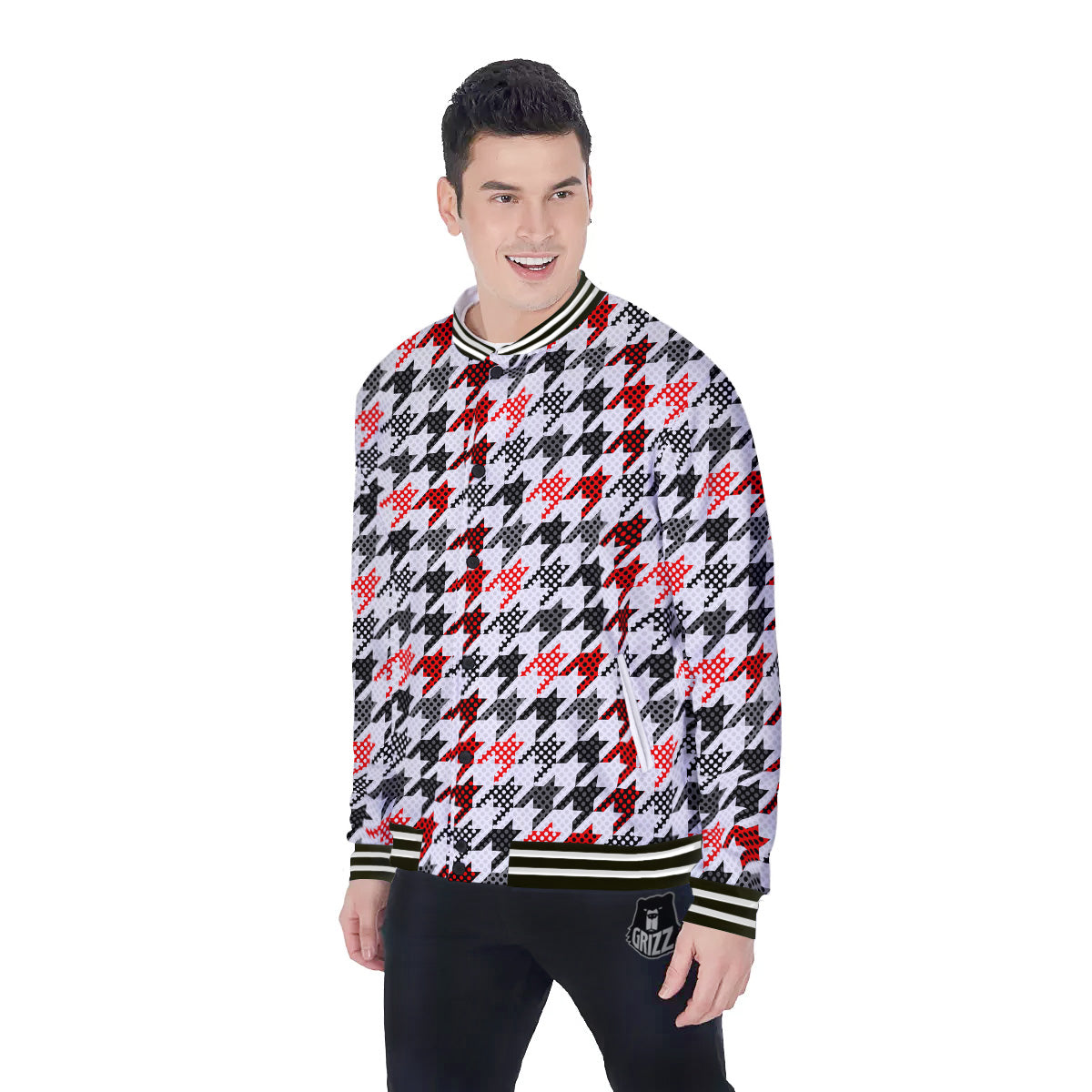 Classic Polka Dot In Houndstooth Print Pattern Baseball Jacket-grizzshop