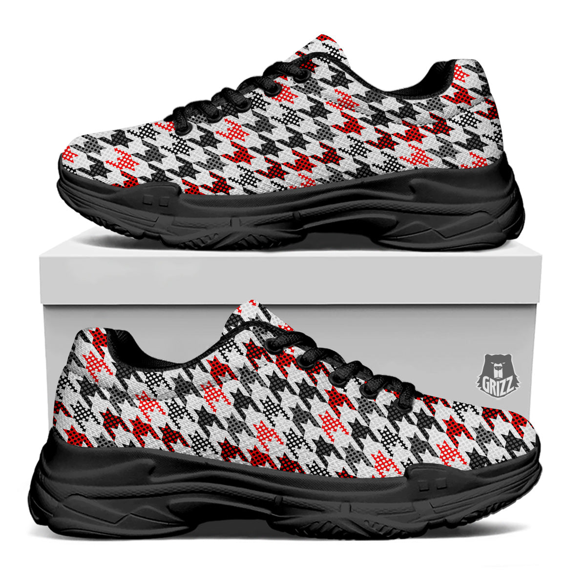 Classic Polka Dot In Houndstooth Print Pattern Black Chunky Shoes-grizzshop