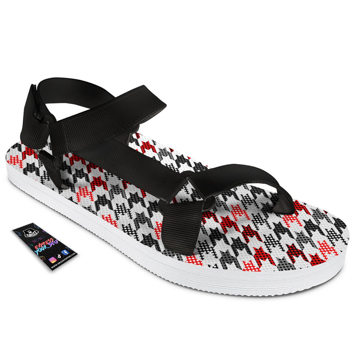 Classic Polka Dot In Houndstooth Print Pattern Black Open Toe Sandals-grizzshop