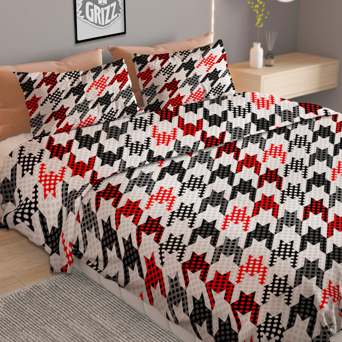 Classic Polka Dot In Houndstooth Print Pattern Duvet Cover Bedding Set