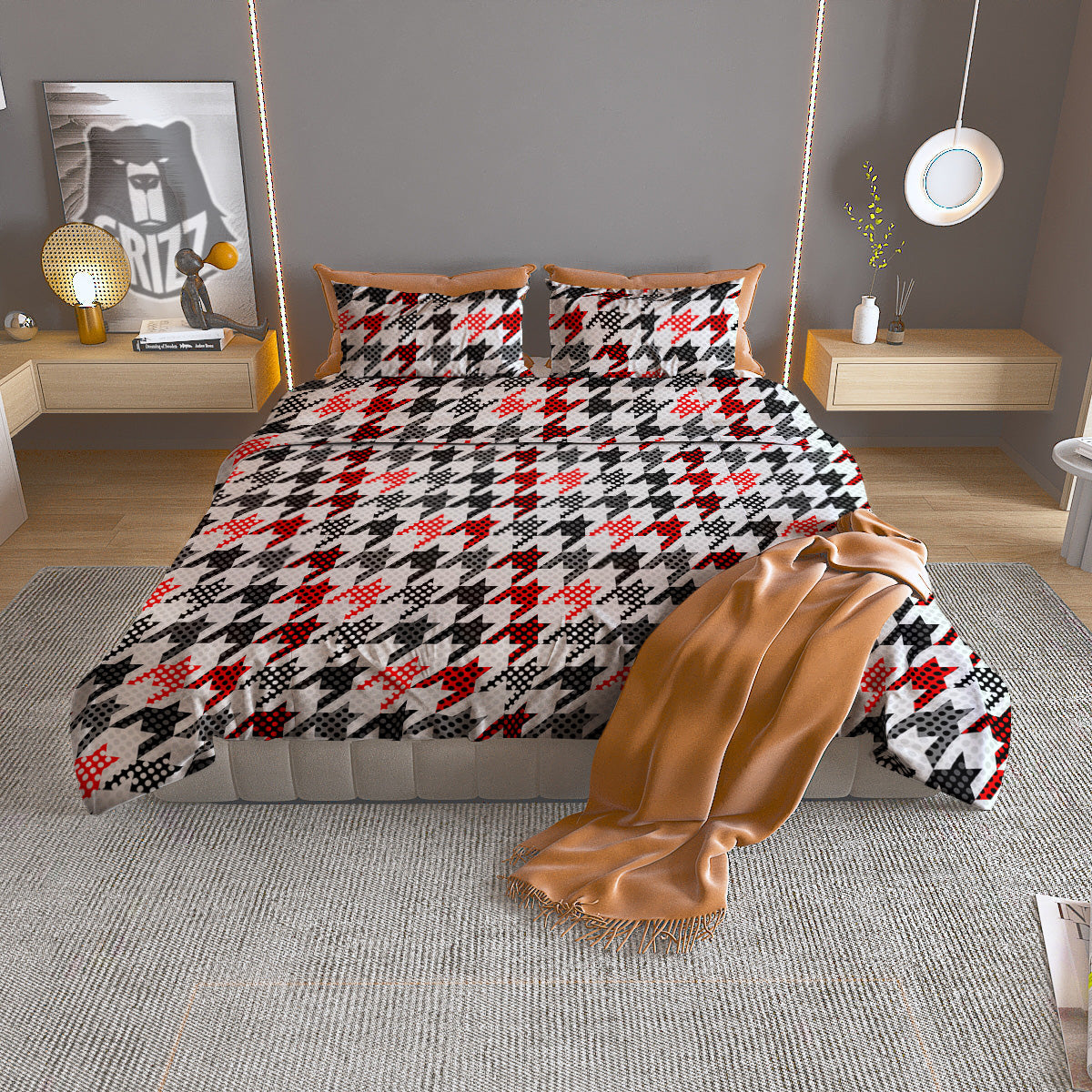Classic Polka Dot In Houndstooth Print Pattern Duvet Cover Bedding Set