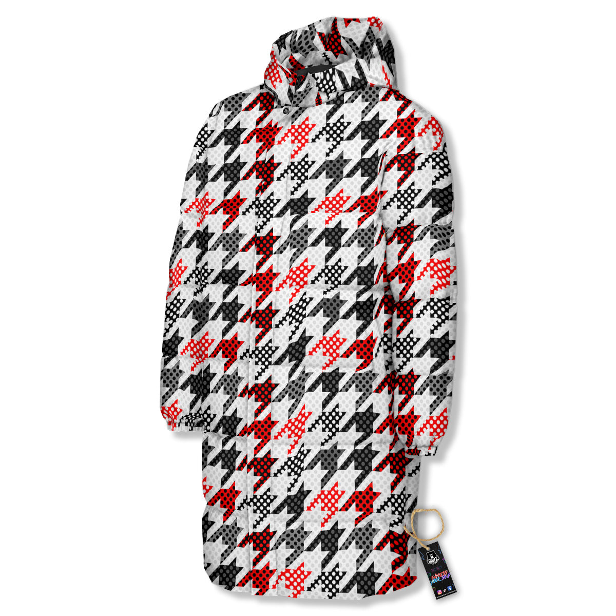 Classic Polka Dot In Houndstooth Print Pattern Long Down Jacket-grizzshop