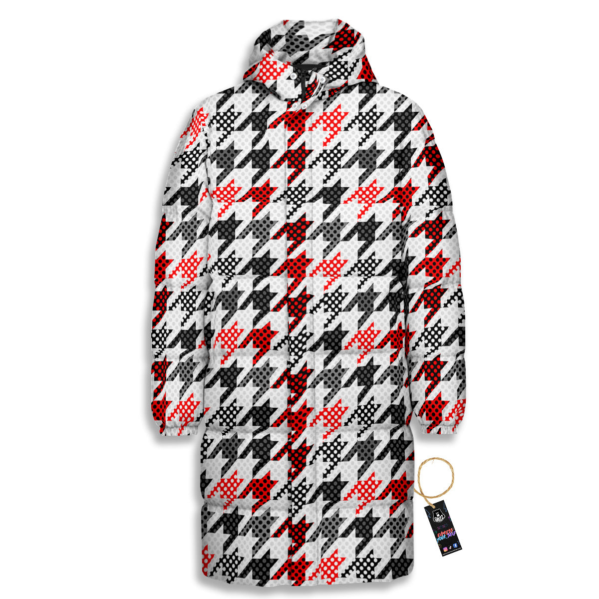 Classic Polka Dot In Houndstooth Print Pattern Long Down Jacket-grizzshop