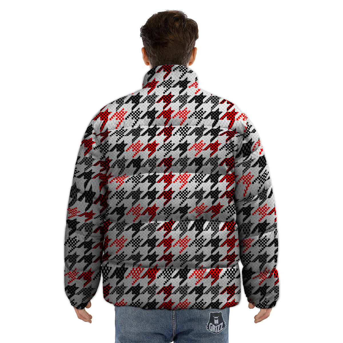 Classic Polka Dot In Houndstooth Print Pattern Puffer Jacket-grizzshop
