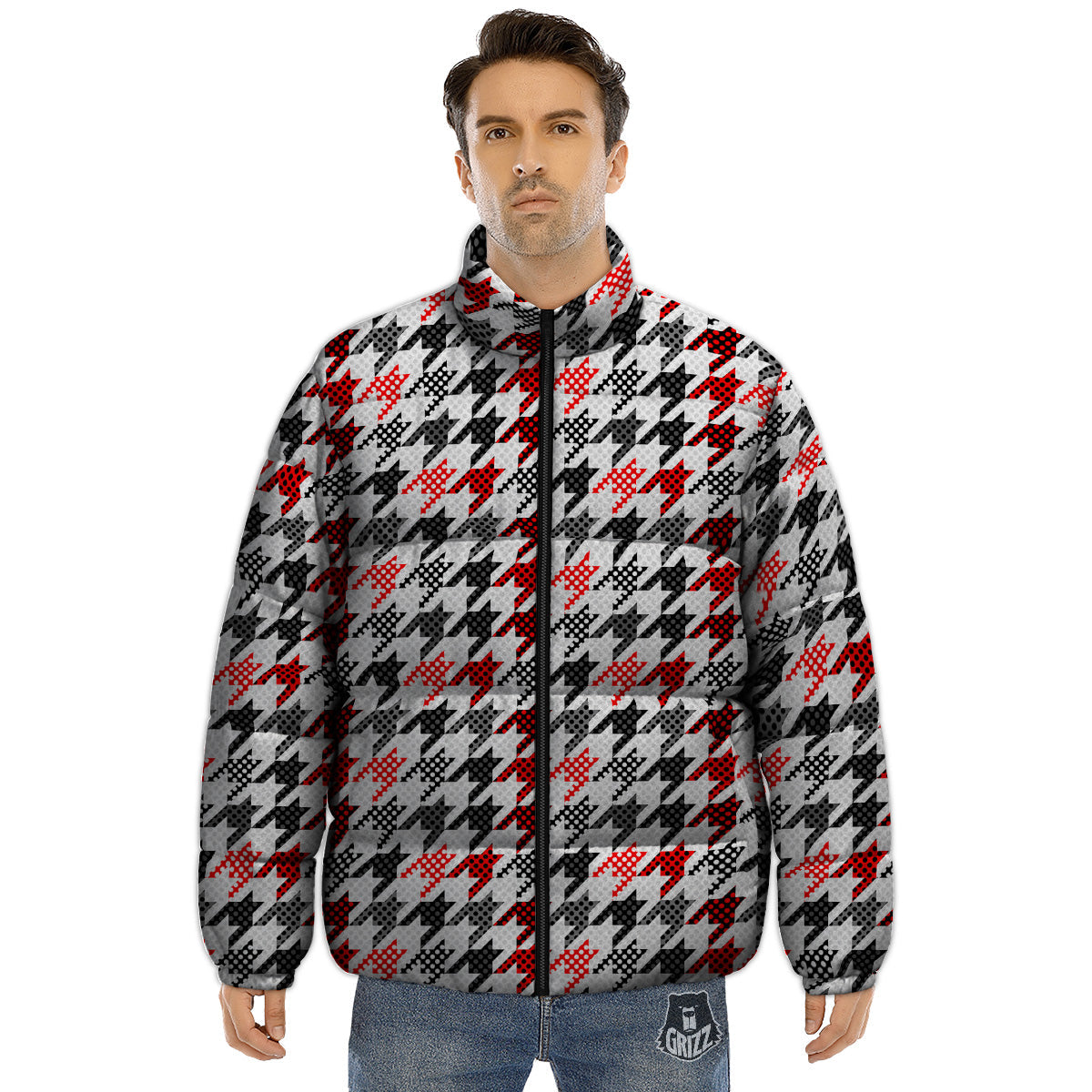 Classic Polka Dot In Houndstooth Print Pattern Puffer Jacket-grizzshop