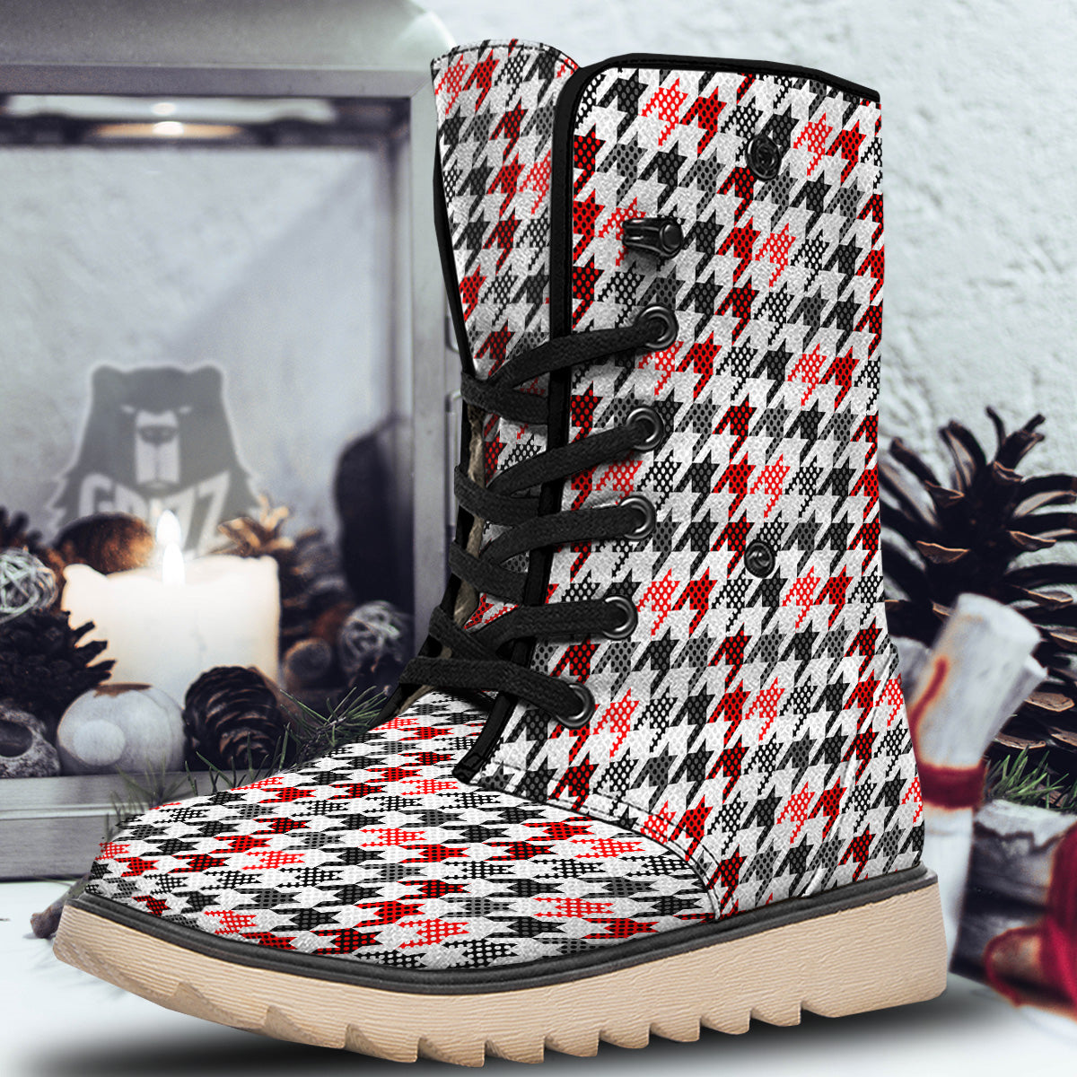Classic Polka Dot In Houndstooth Print Pattern Snow Boots-grizzshop