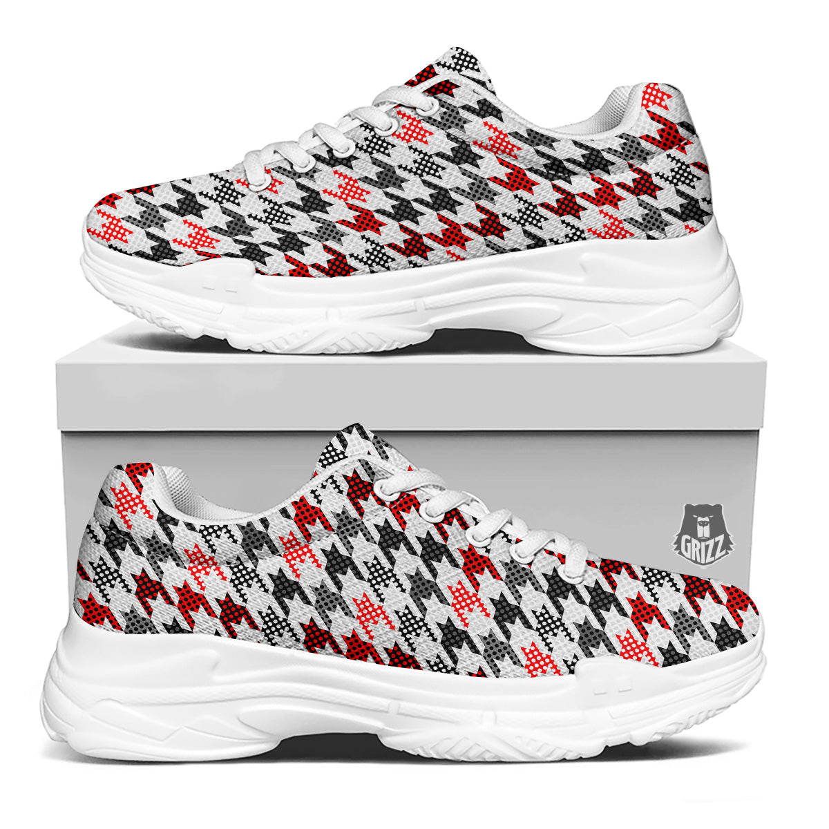 Classic Polka Dot In Houndstooth Print Pattern White Chunky Shoes-grizzshop