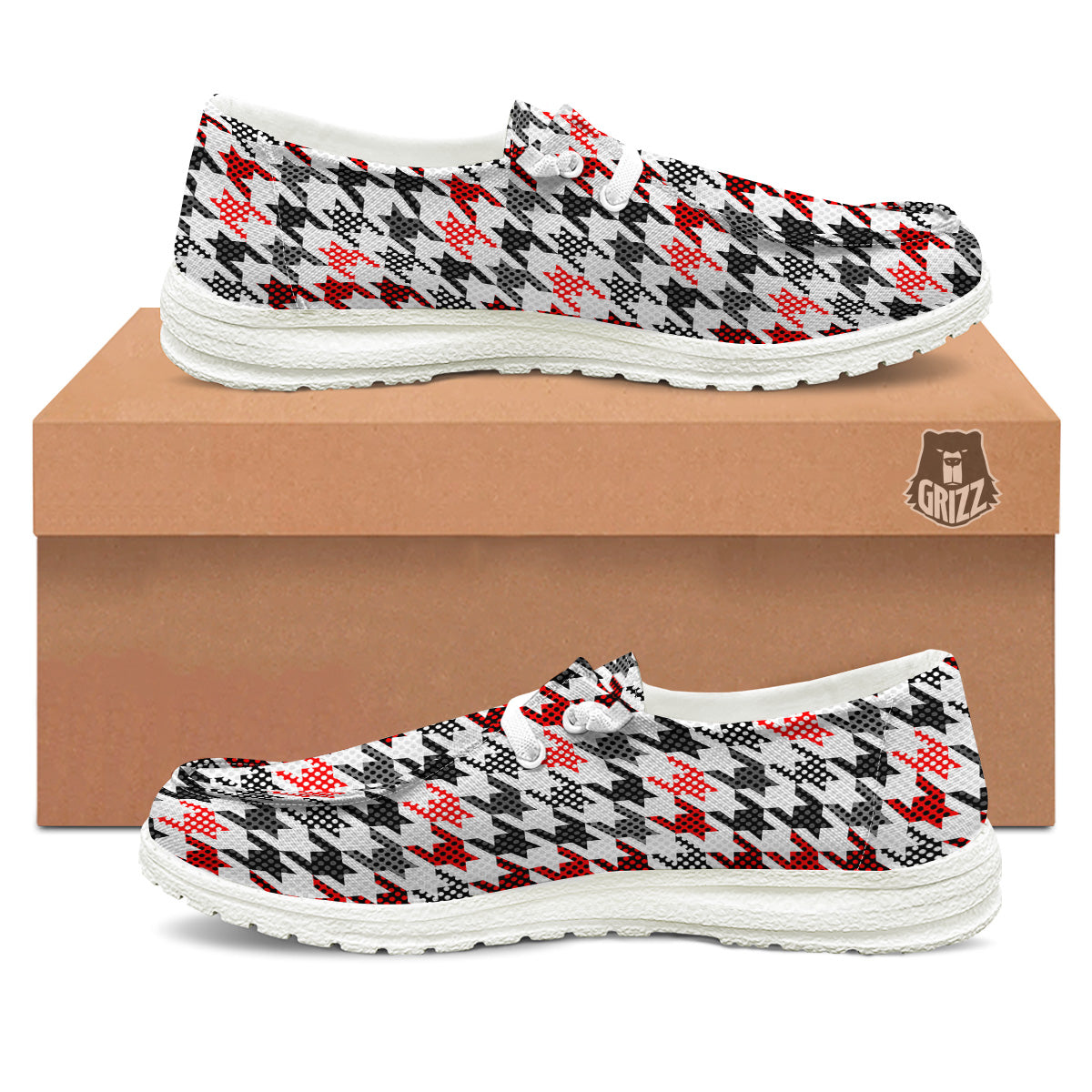 Classic Polka Dot In Houndstooth Print Pattern White Loafers-grizzshop