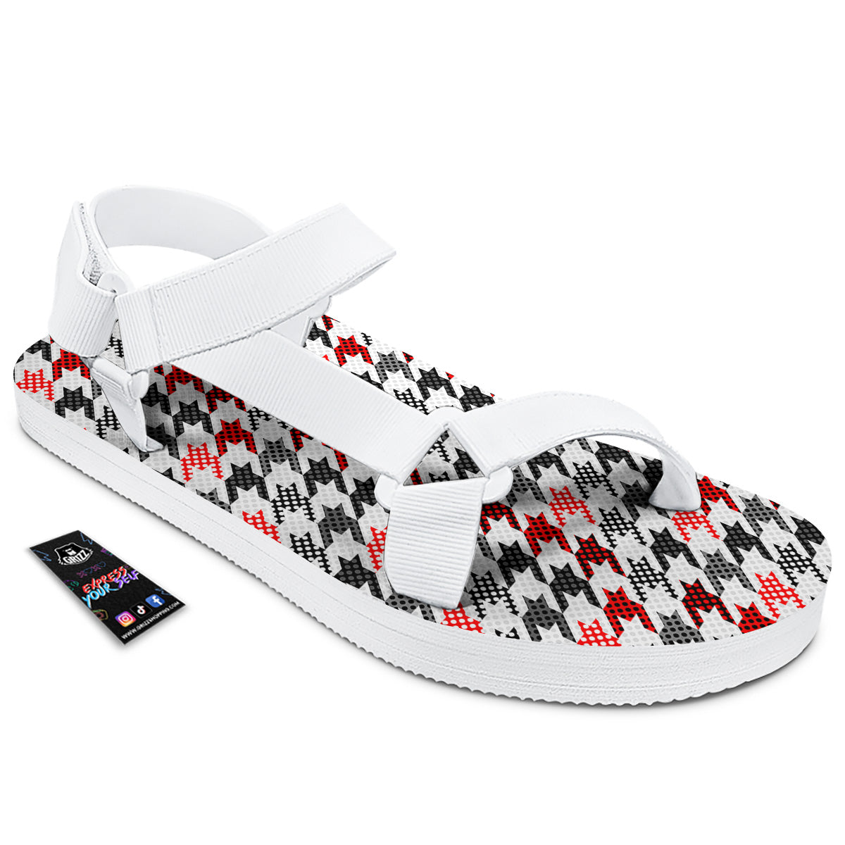 Classic Polka Dot In Houndstooth Print Pattern White Open Toe Sandals-grizzshop