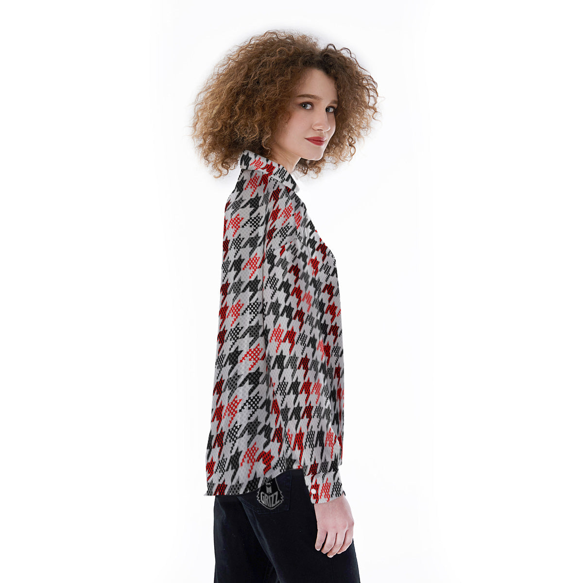 Classic Polka Dot In Houndstooth Print Pattern Women's Long Sleeve Shirts-grizzshop