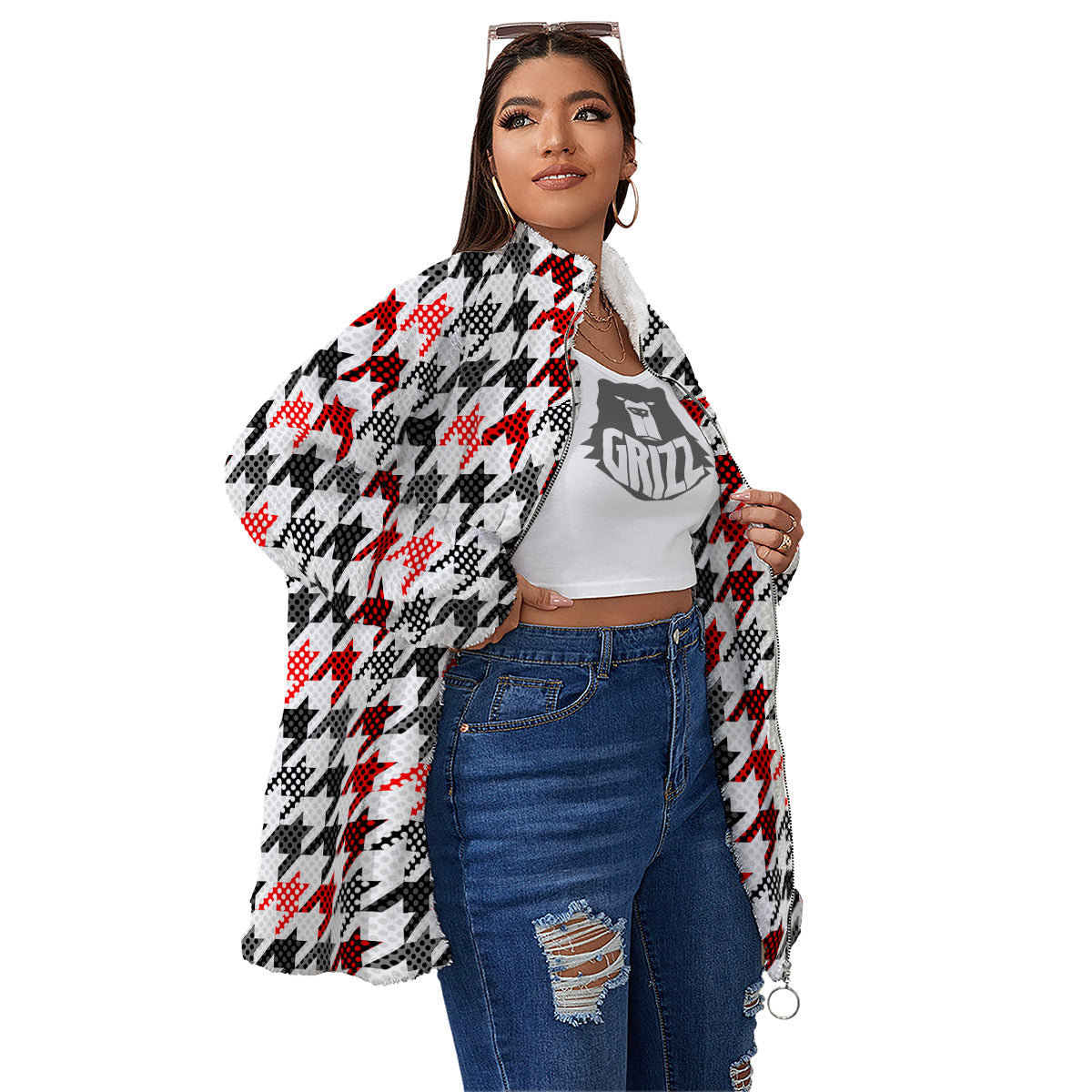 Classic Polka Dot In Houndstooth Print Pattern Women's Sherpa Jacket-grizzshop