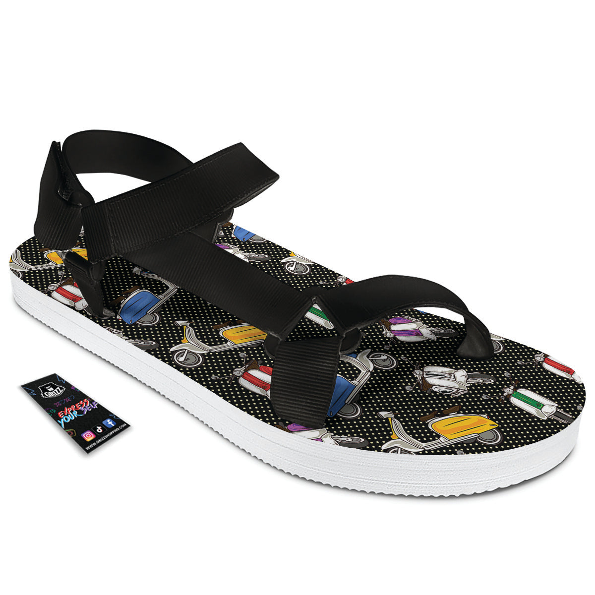 Classic Scooters Print Pattern Black Open Toe Sandals-grizzshop