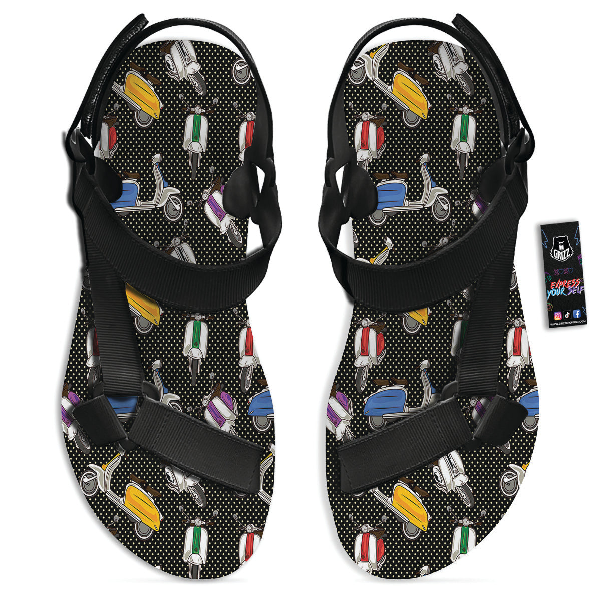 Classic Scooters Print Pattern Black Open Toe Sandals-grizzshop