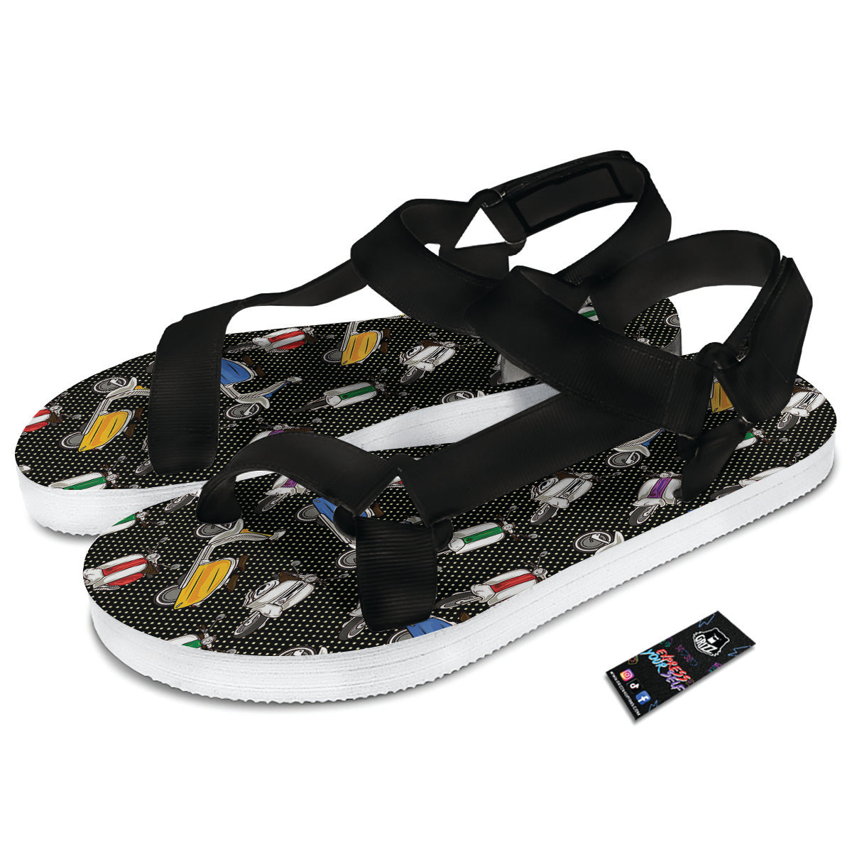 Classic Scooters Print Pattern Black Open Toe Sandals-grizzshop