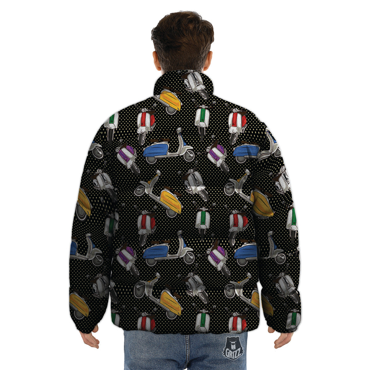 Classic Scooters Print Pattern Puffer Jacket-grizzshop