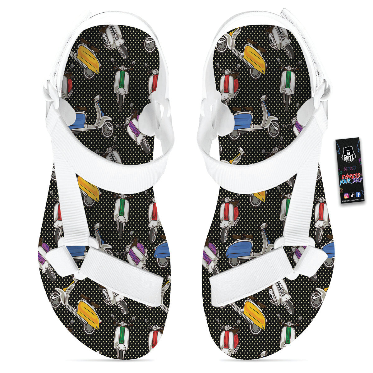 Classic Scooters Print Pattern White Open Toe Sandals-grizzshop