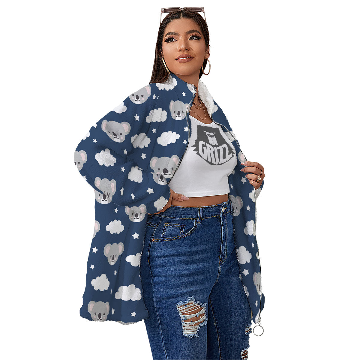 Cloud And Koala Bear Print Pattern Women's Sherpa Jacket-grizzshop