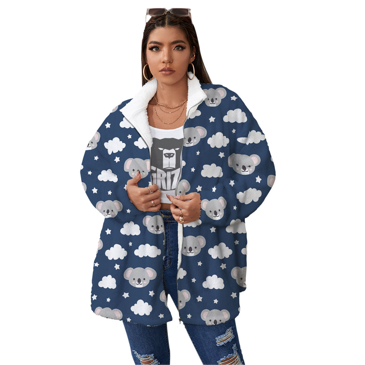 Cloud And Koala Bear Print Pattern Women's Sherpa Jacket-grizzshop