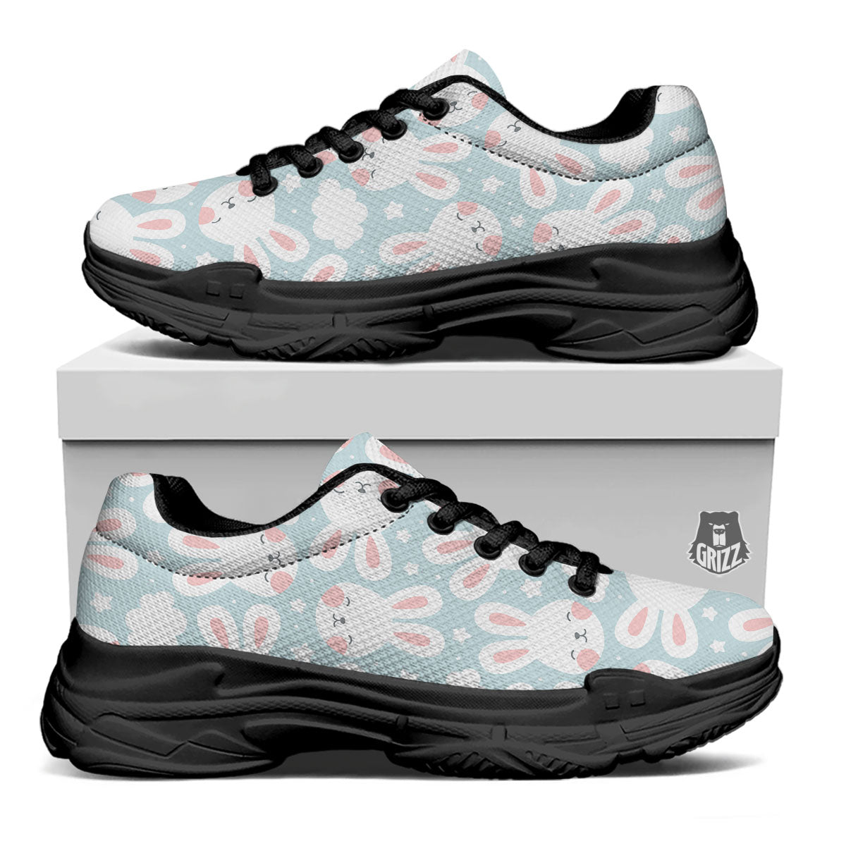 Cloud And Rabbit Print Pattern Black Chunky Shoes-grizzshop
