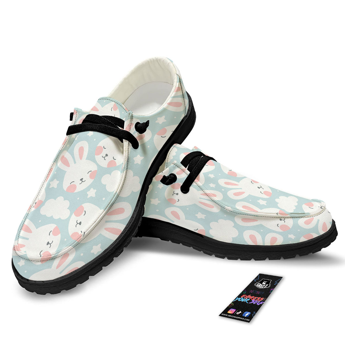 Cloud And Rabbit Print Pattern Black Loafers-grizzshop