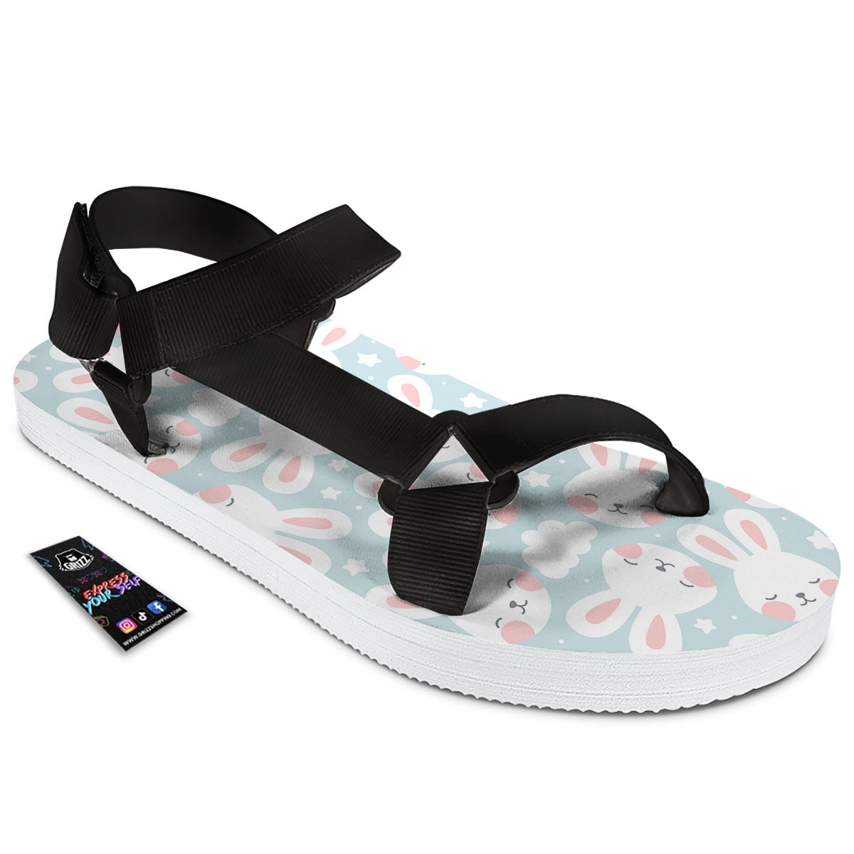 Cloud And Rabbit Print Pattern Black Open Toe Sandals-grizzshop