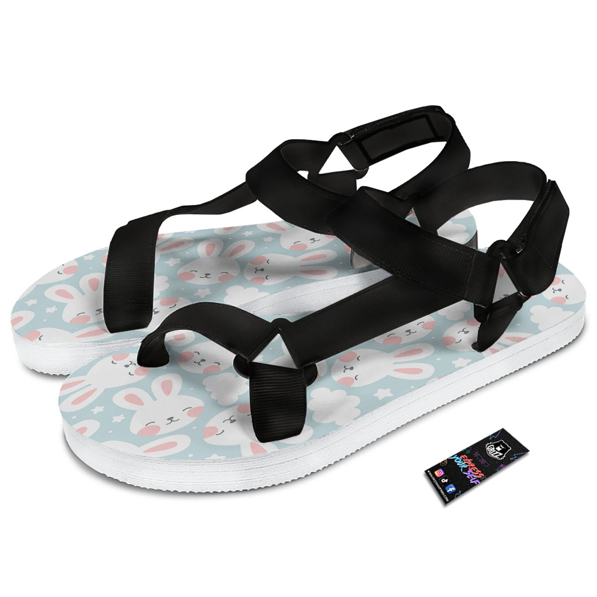 Cloud And Rabbit Print Pattern Black Open Toe Sandals-grizzshop