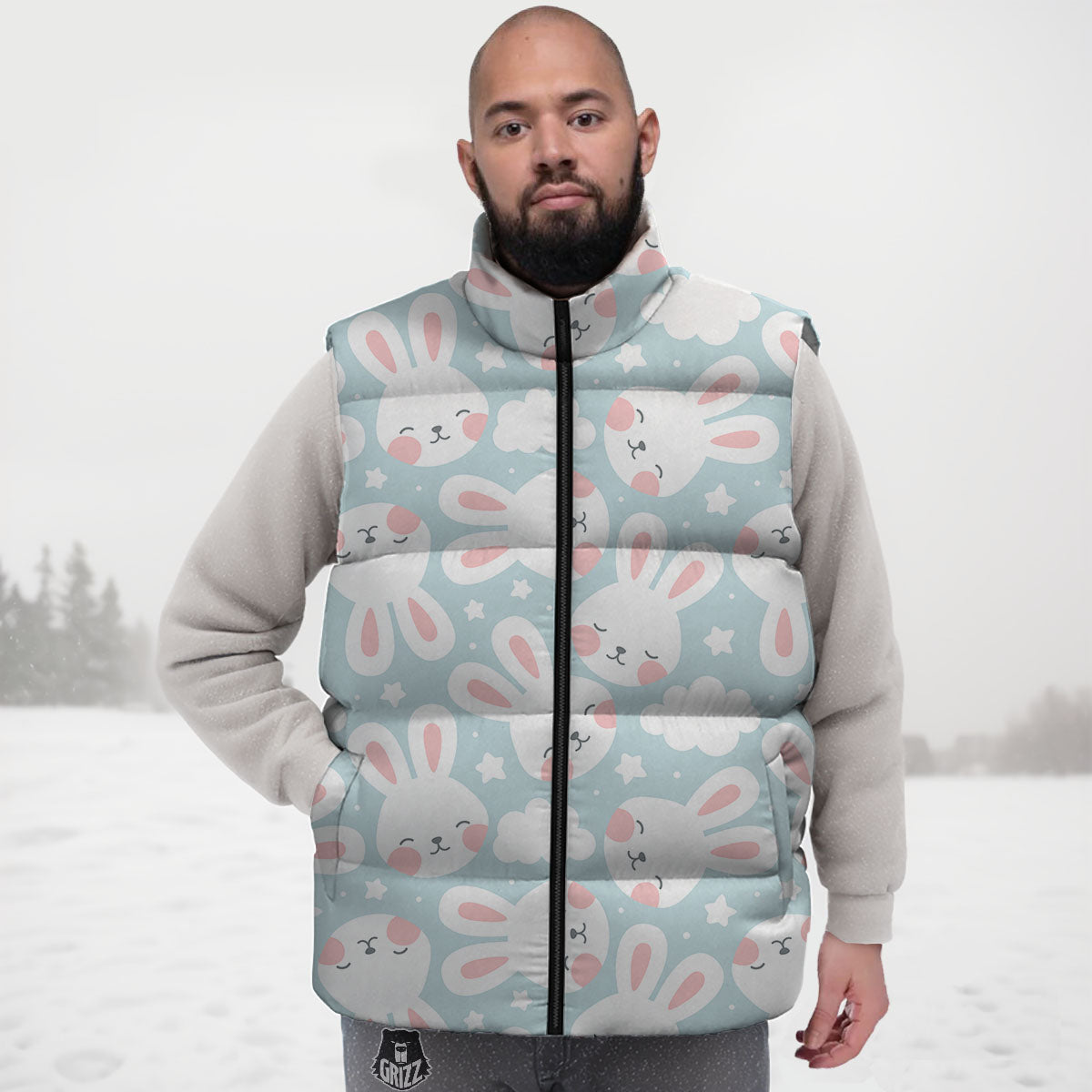 Cloud And Rabbit Print Pattern Down Vest