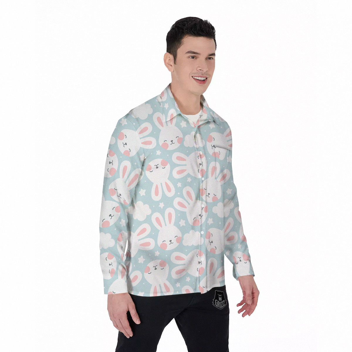 Cloud And Rabbit Print Pattern Men's Long Sleeve Shirts-grizzshop