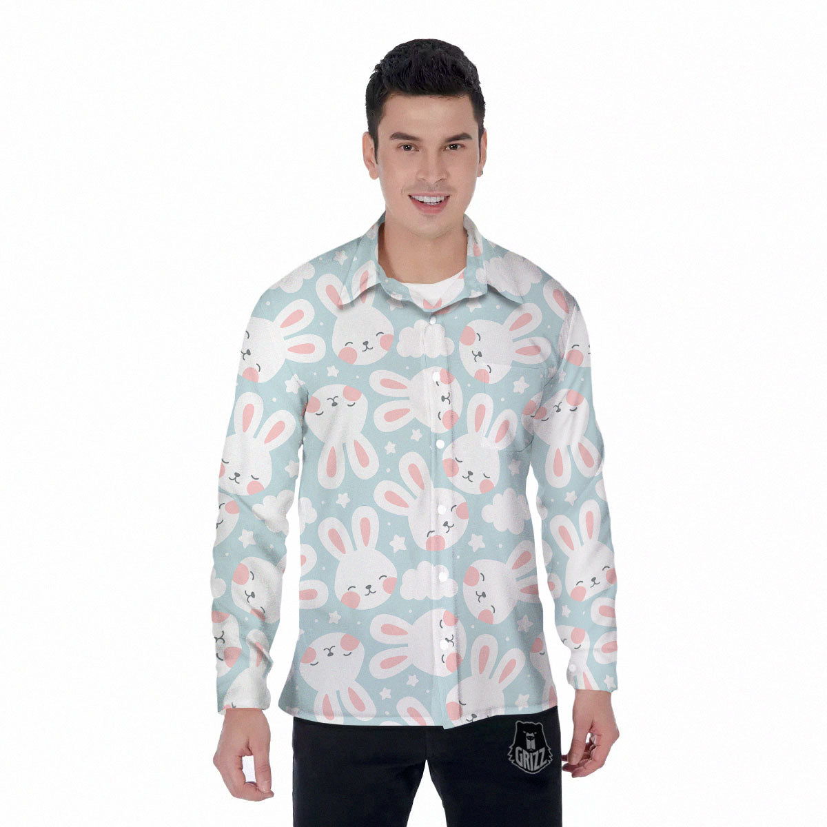 Cloud And Rabbit Print Pattern Men's Long Sleeve Shirts-grizzshop