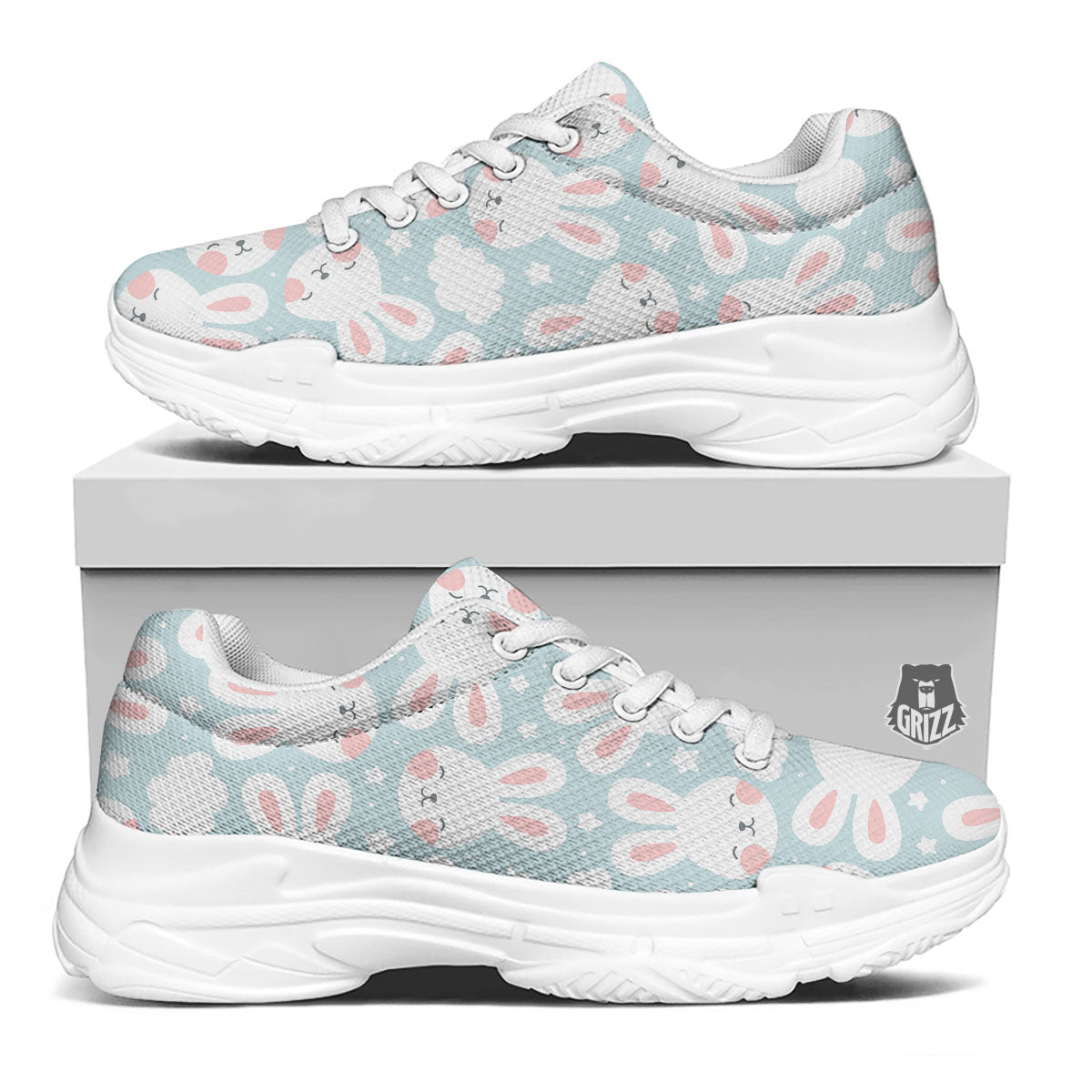 Cloud And Rabbit Print Pattern White Chunky Shoes-grizzshop