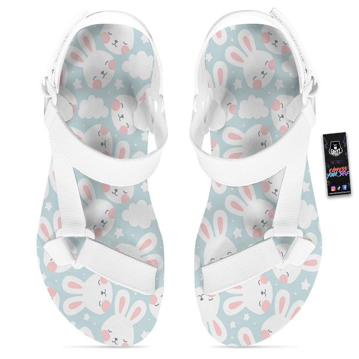 Cloud And Rabbit Print Pattern White Open Toe Sandals-grizzshop