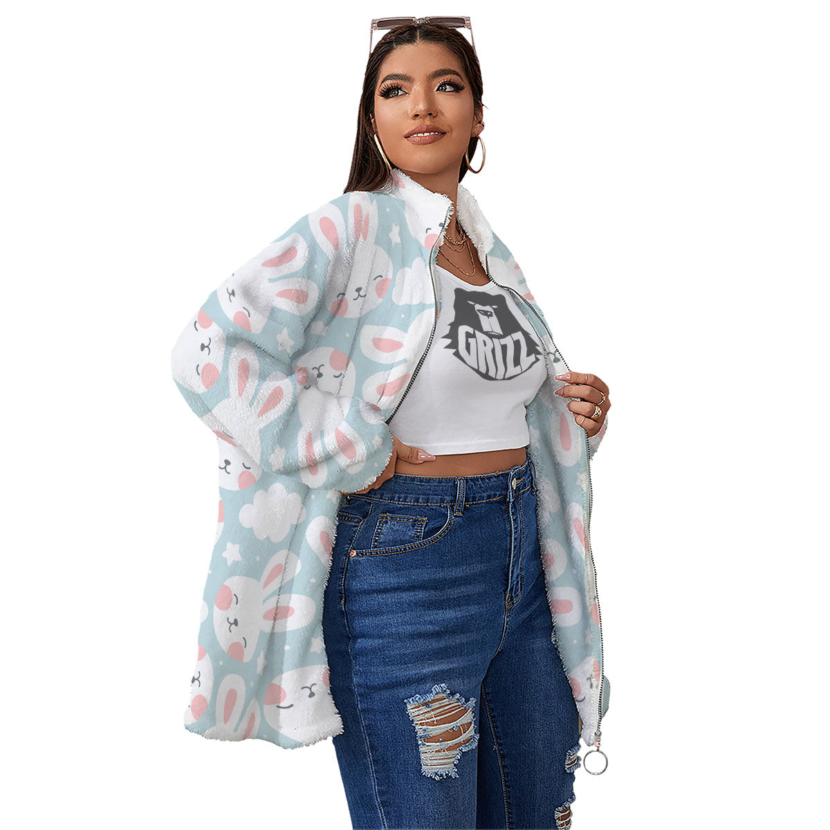 Cloud And Rabbit Print Pattern Women's Sherpa Jacket-grizzshop