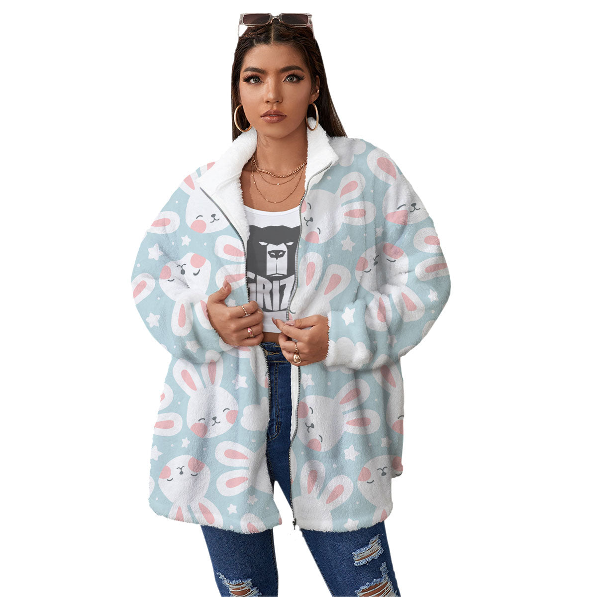 Cloud And Rabbit Print Pattern Women's Sherpa Jacket-grizzshop