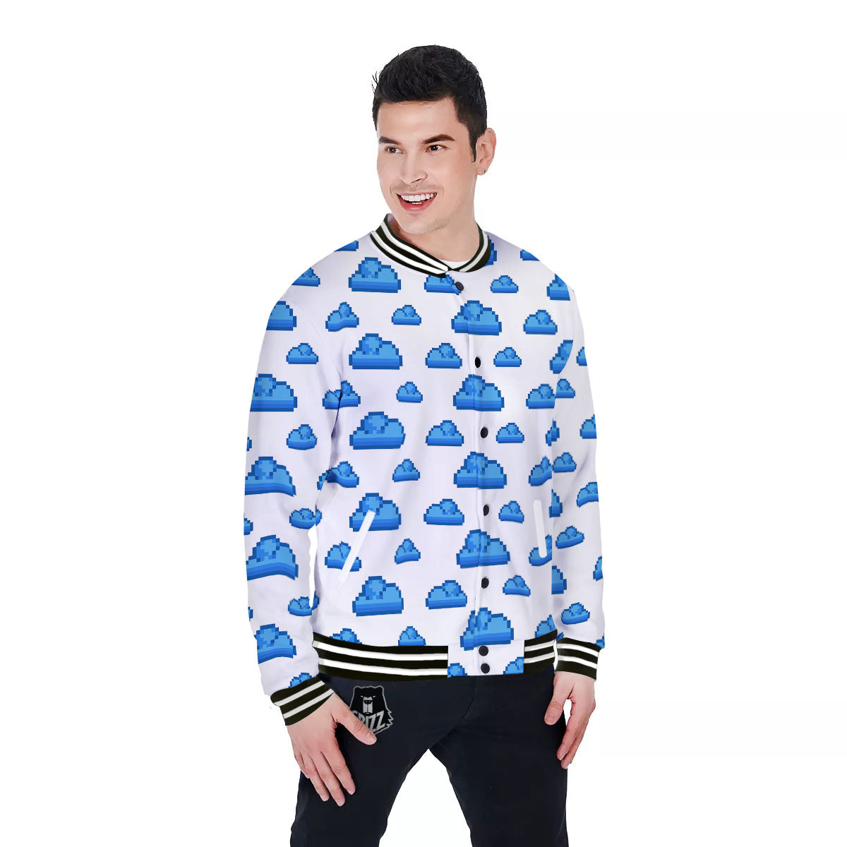 Cloud Pixel Print Pattern Baseball Jacket-grizzshop