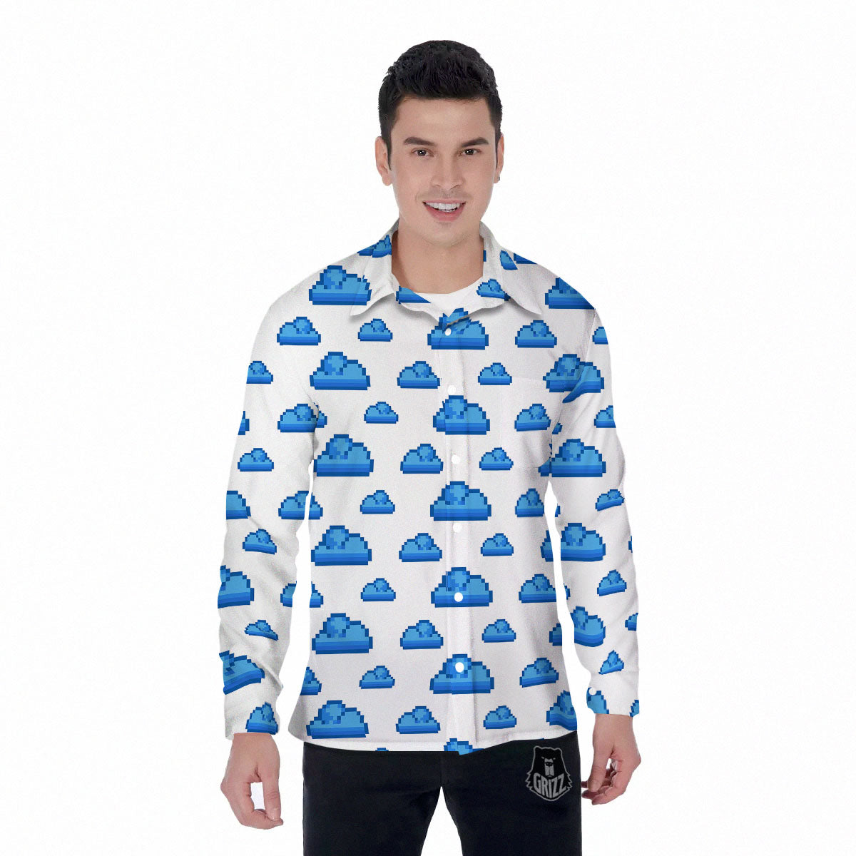 Cloud Pixel Print Pattern Men's Long Sleeve Shirts-grizzshop