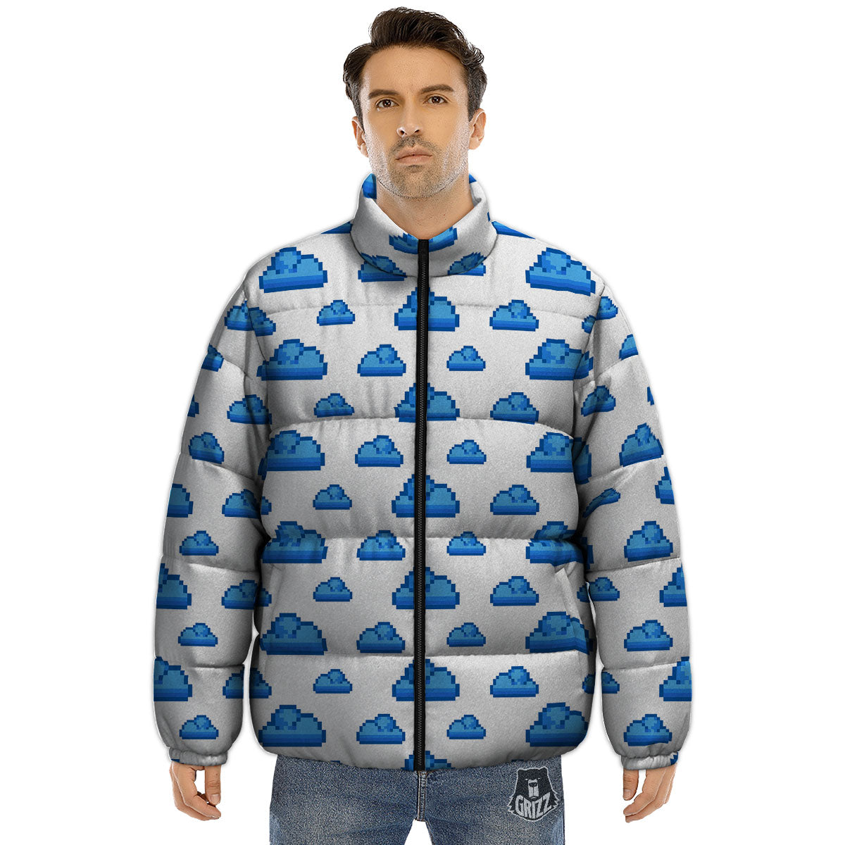 Cloud Pixel Print Pattern Puffer Jacket-grizzshop