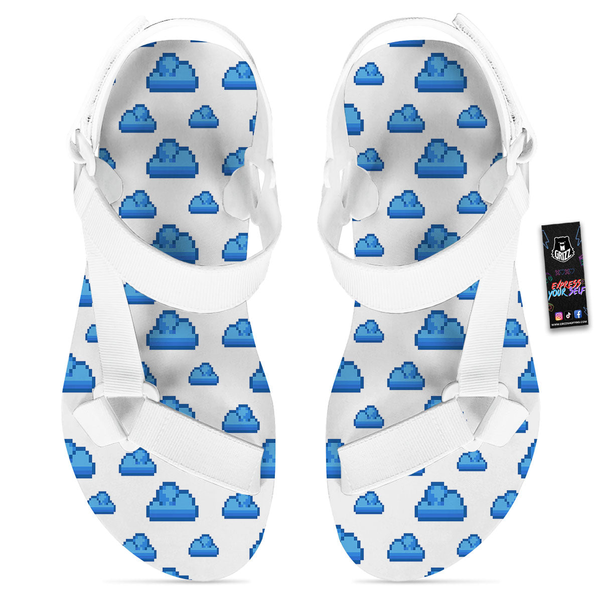Cloud Pixel Print Pattern White Open Toe Sandals-grizzshop