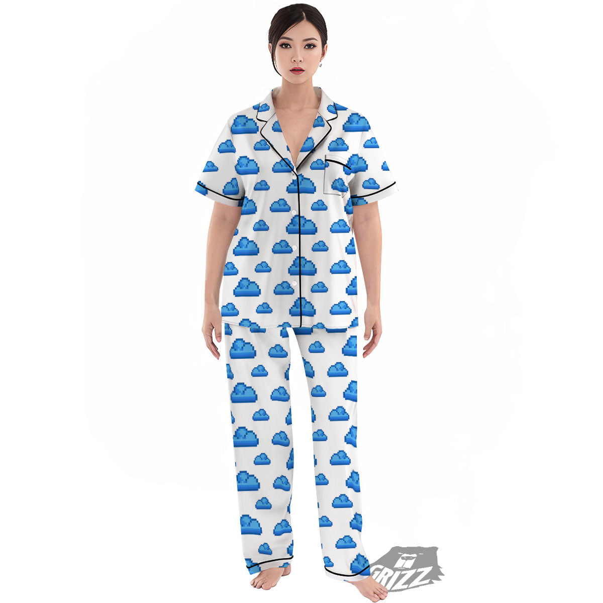Cloud Pixel Print Pattern Women's Pajamas Set-grizzshop